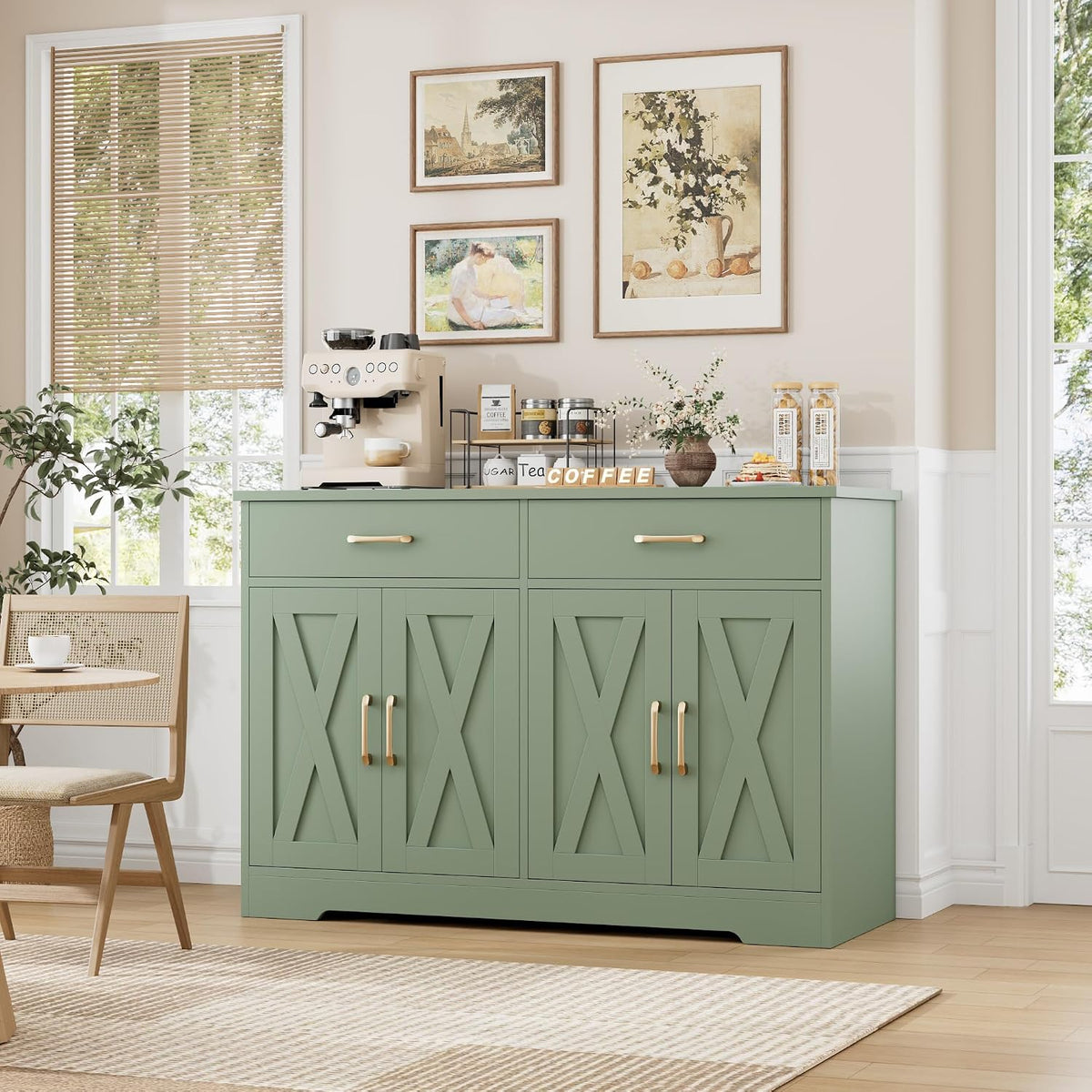 HOSTACK Buffet Cabinet with Storage, 47.2" Kitchen Sideboard Buffet with Drawers, Modern Farmhouse Coffee Bar Station with Shelves, Barn Doors Storage Cabinet for Living Room, Green