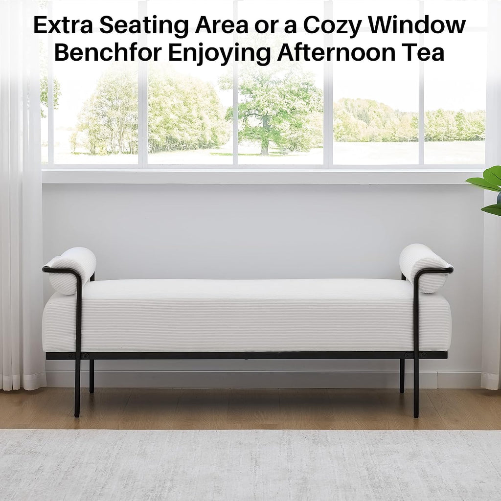 SOFTHION 61.2" End of Bed Bench, Corduroy Upholstered Entryway Bench, White | Modern Upholstered Bench Ottoman, Footrest Stool with Sturdy Metal Frame and Legs for Living Room/Foyer/Mudroom/Hallway