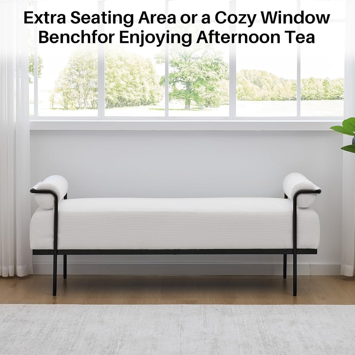 SOFTHION 61.2" End of Bed Bench, Corduroy Upholstered Entryway Bench, White | Modern Upholstered Bench Ottoman, Footrest Stool with Sturdy Metal Frame and Legs for Living Room/Foyer/Mudroom/Hallway
