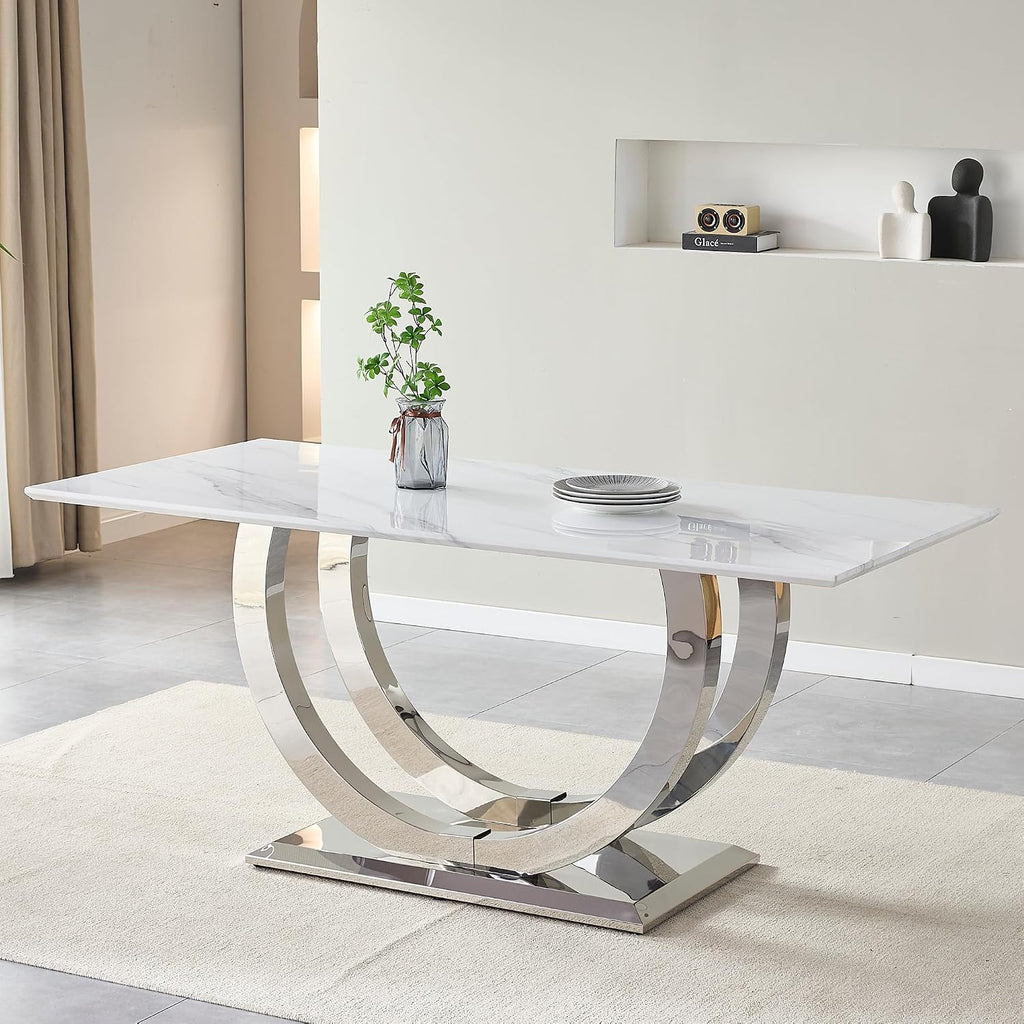 SSLine Modern White Marble Dining Table for 6,Luxury 69" Faux Marble Kitchen Table for 4 6 8, Rectangle Dining Room Table with Silver Stainless Steel U-Shape Base(1 Table Only)