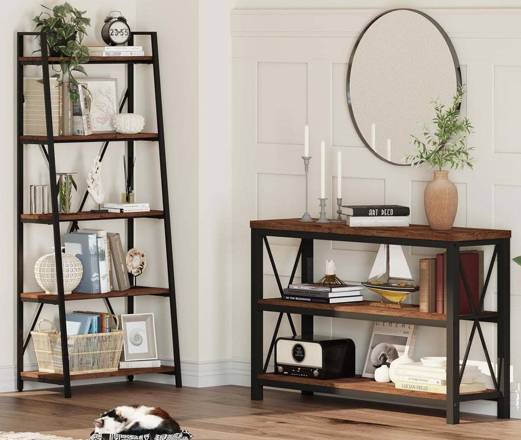 BON AUGURE 47” Narrow Console Table, 3 Tier Sofa Table Behind Couch, Rustic | Entryway Table with 3 Open Shelves, Industrial Steel Frame Entry Tables for Hallway, Foyer, Living Room, or Behind the Couch