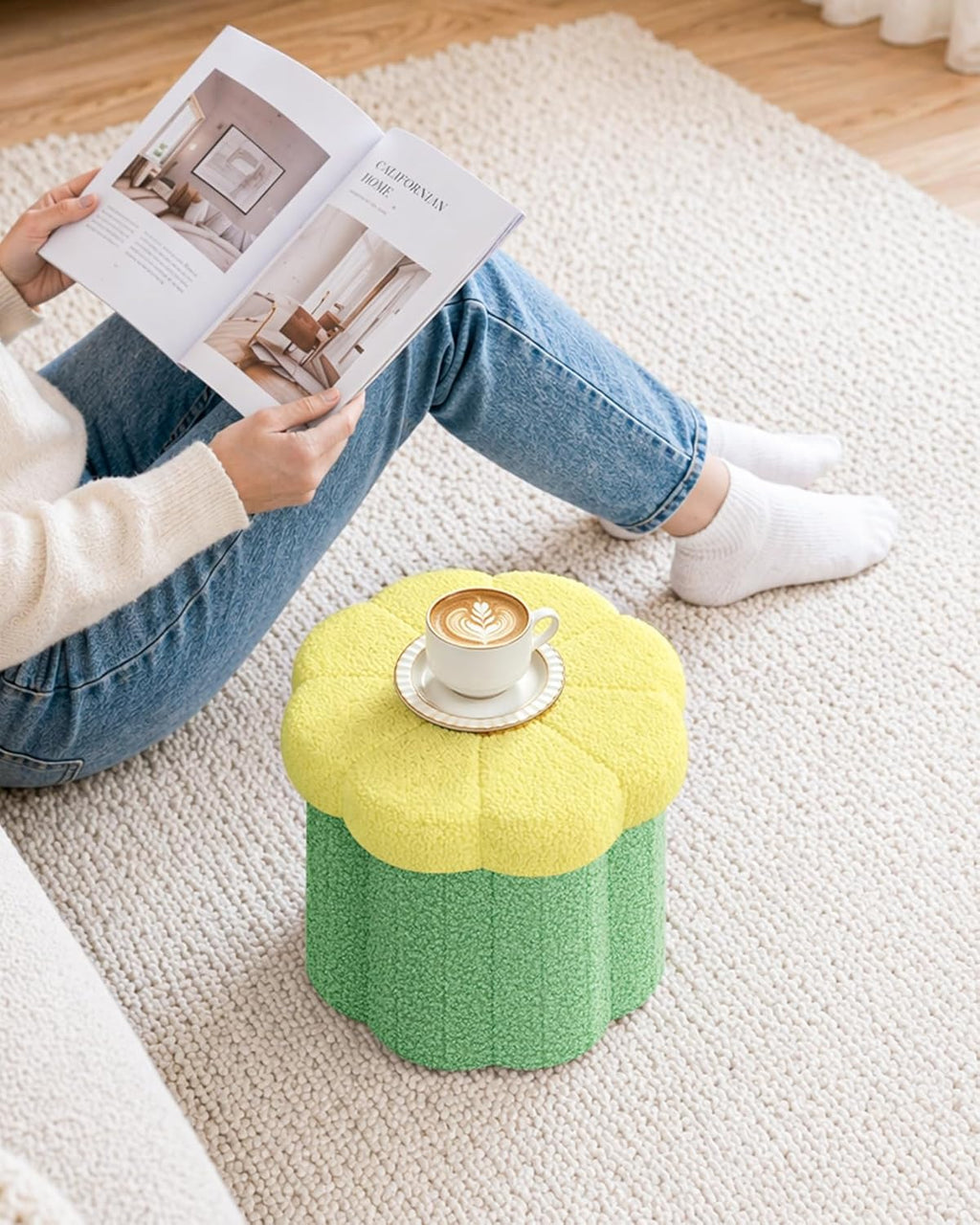B FSOBEIIALEO Storage Ottoman Foldable, Sunflower Shaped Small Footrest Collapsible Folding Seat Bench for Bedroom Living Room Entryway, Faux Teddy Fur, Green 12.6"x12.6"x11.4"