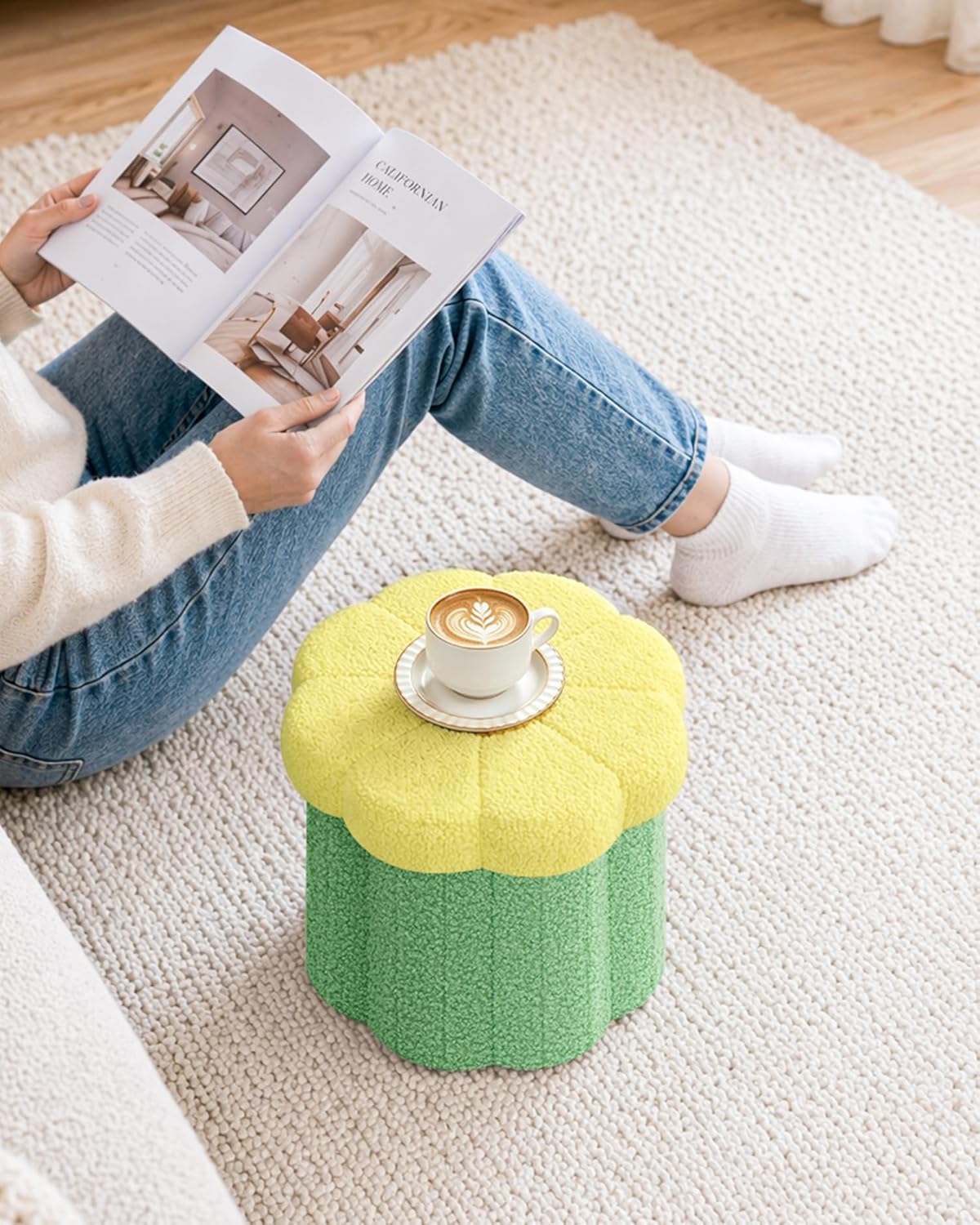 B FSOBEIIALEO Storage Ottoman Foldable, Sunflower Shaped Small Footrest Collapsible Folding Seat Bench for Bedroom Living Room Entryway, Faux Teddy Fur, Green 12.6"x12.6"x11.4"