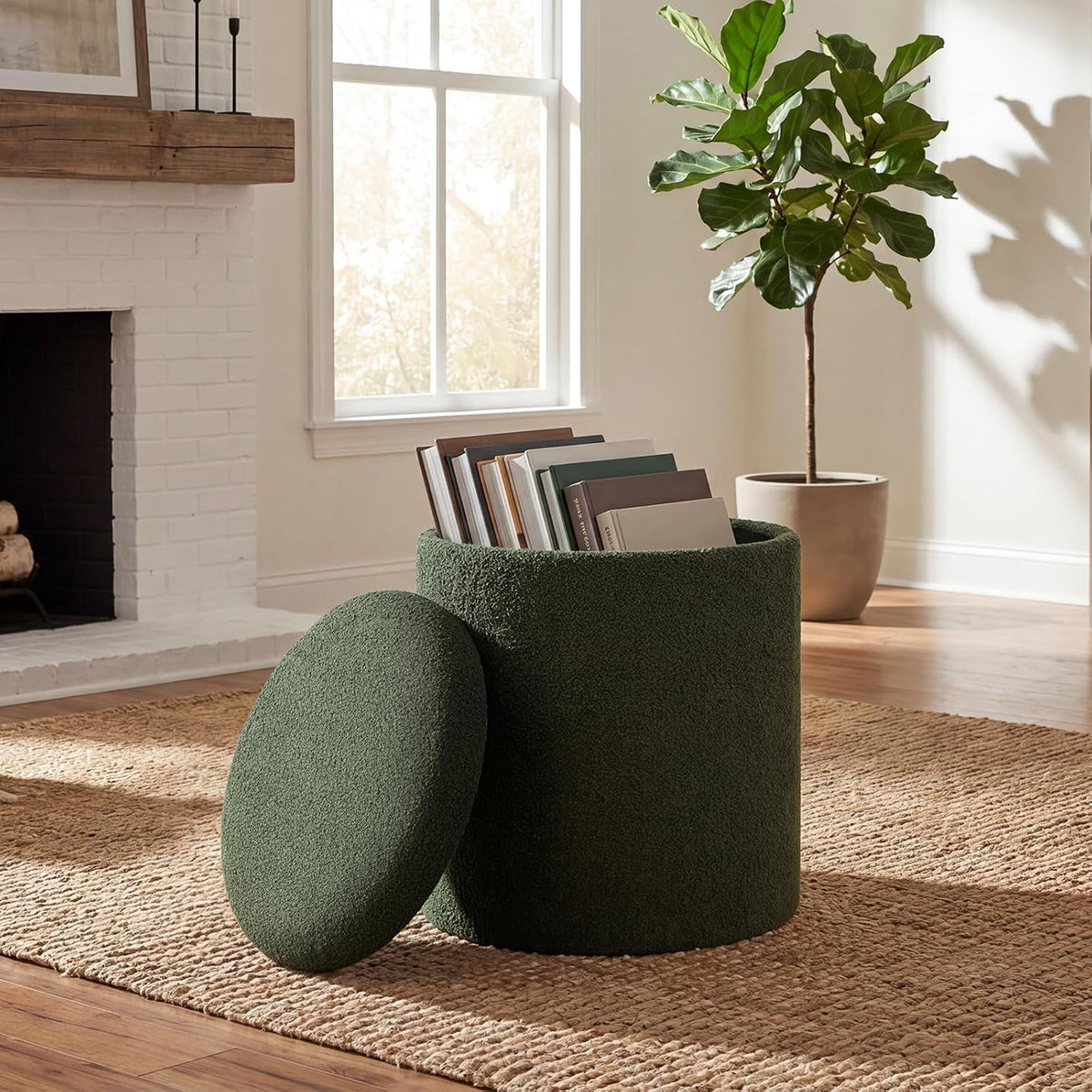 Joveco 14.5" Small Ottoman with Storage, Teddy Velvet Foot Rest Stool with Reversible Wood Tray Lid, Round Storage Ottoman Coffee Table, Vanity Stool for Living Room, Olive Green