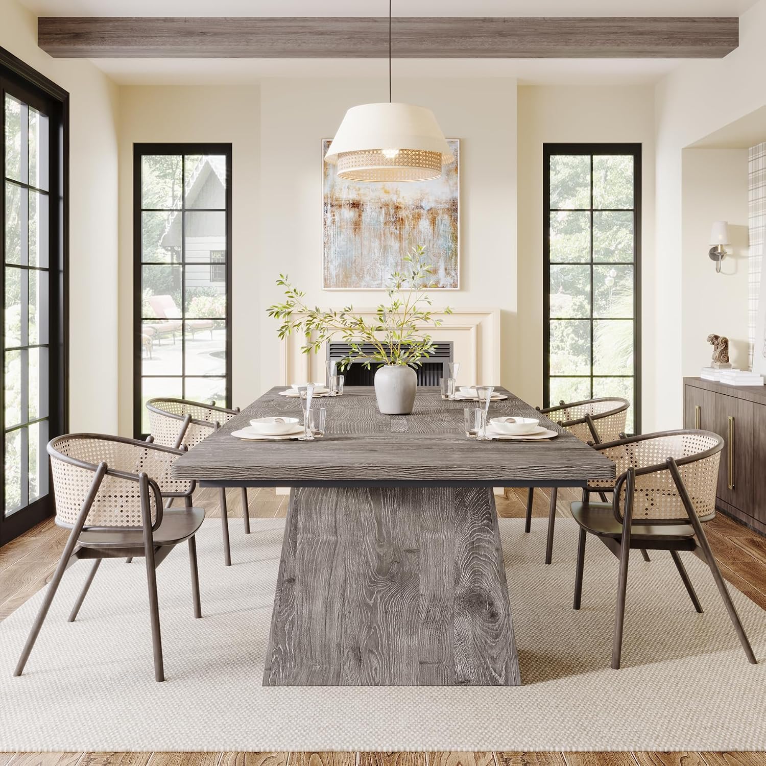 Tribesigns Dining Table for 6, Farmhouse Wood Dinner Rectangular Table Kitchen Table with Double Pedestal, 63" L x 31.5" W x 30" H, Grey