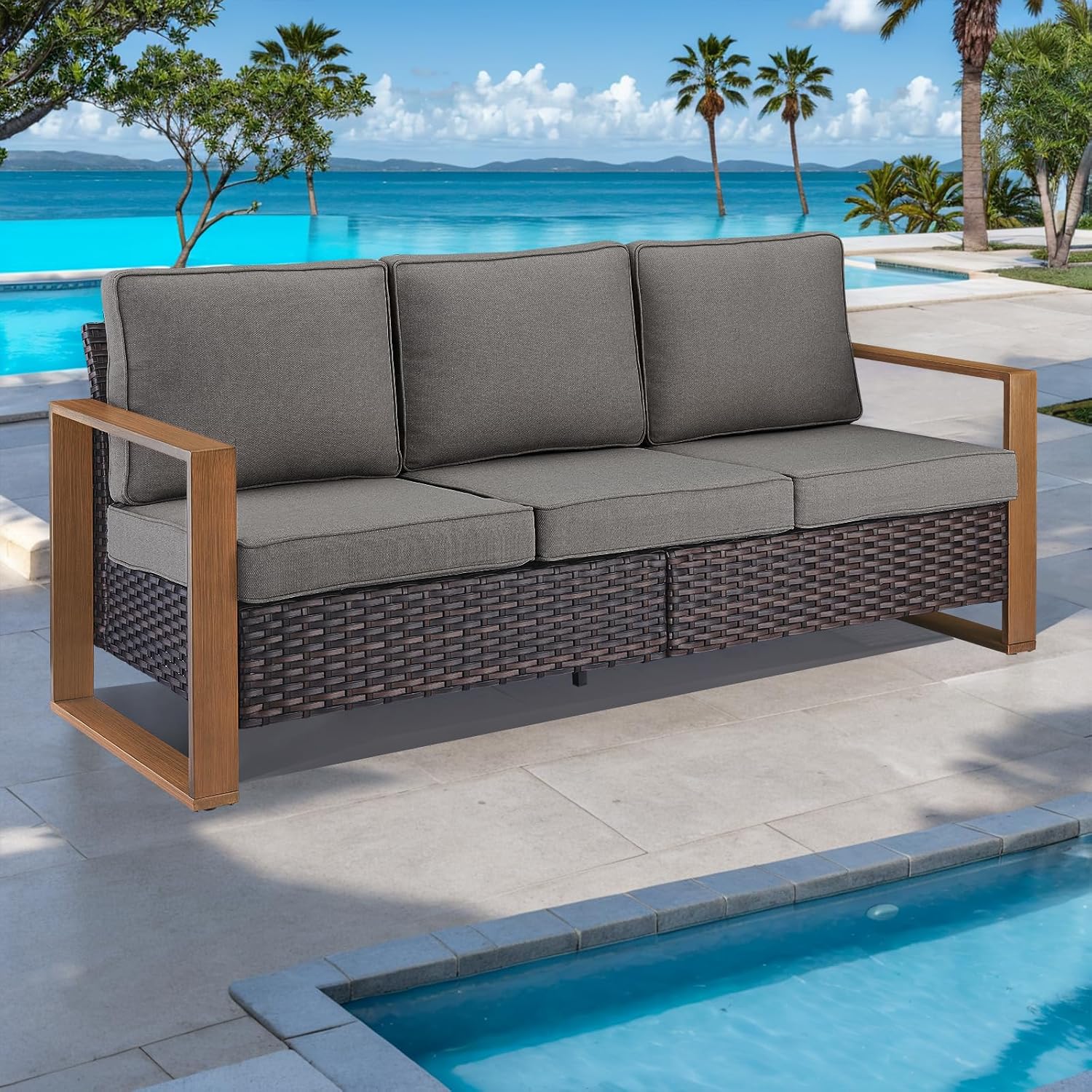 Rilyson Outdoor Couch Wicker Patio Sofa, Rattan Patio Furniture Sofa with Sturdy Frame,All-Weather PE Wicker,Wide Armrest,Deep Seating and Thick Cushions for Deck Porch Garden(Brown/Grey)