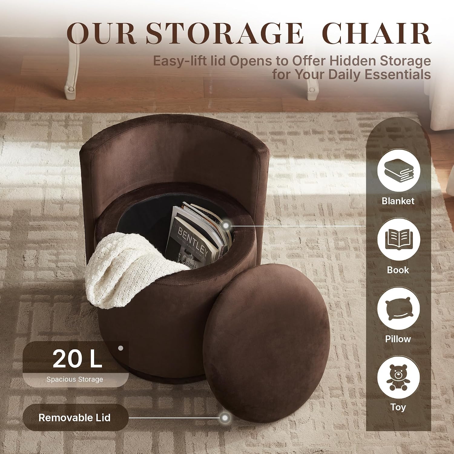 Velvet Vanity Chair with Storage, 360° Swivel Makeup Stool with Stripes Back & Upholstered Seat, No Assembly Round Accent Ottoman for Bedroom, Dressing, Living Room, Makeup Room