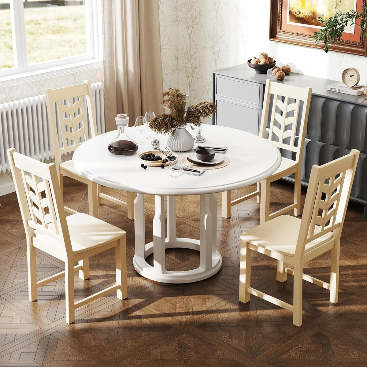 GIANTEX Wooden Dining Chairs Set of 2, Kitchen Chair w/Rubber Wood Frame & Leaf-Shaped High Back, Max Load 400 LBS, Farmhouse Armless Dinette Side Chairs for Living Room Restaurant, Cream White