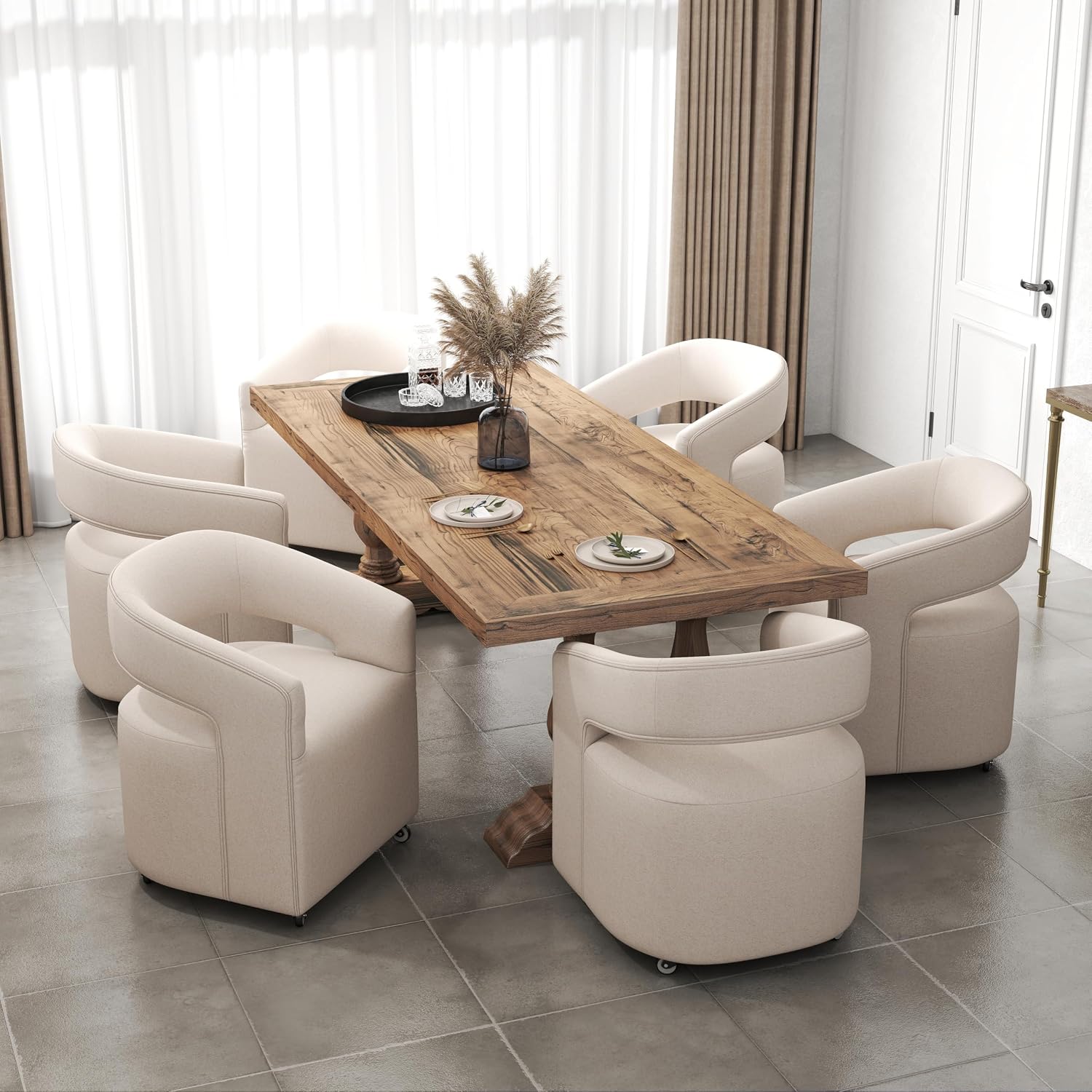 DUOMAY Modern Upholstered Dining Chairs with Swivel Casters - Set of 4 - Contemporary Linen Barrel Back Accent Side Chair Desk Chair for Dining Room Living Room Kitchen, Beige