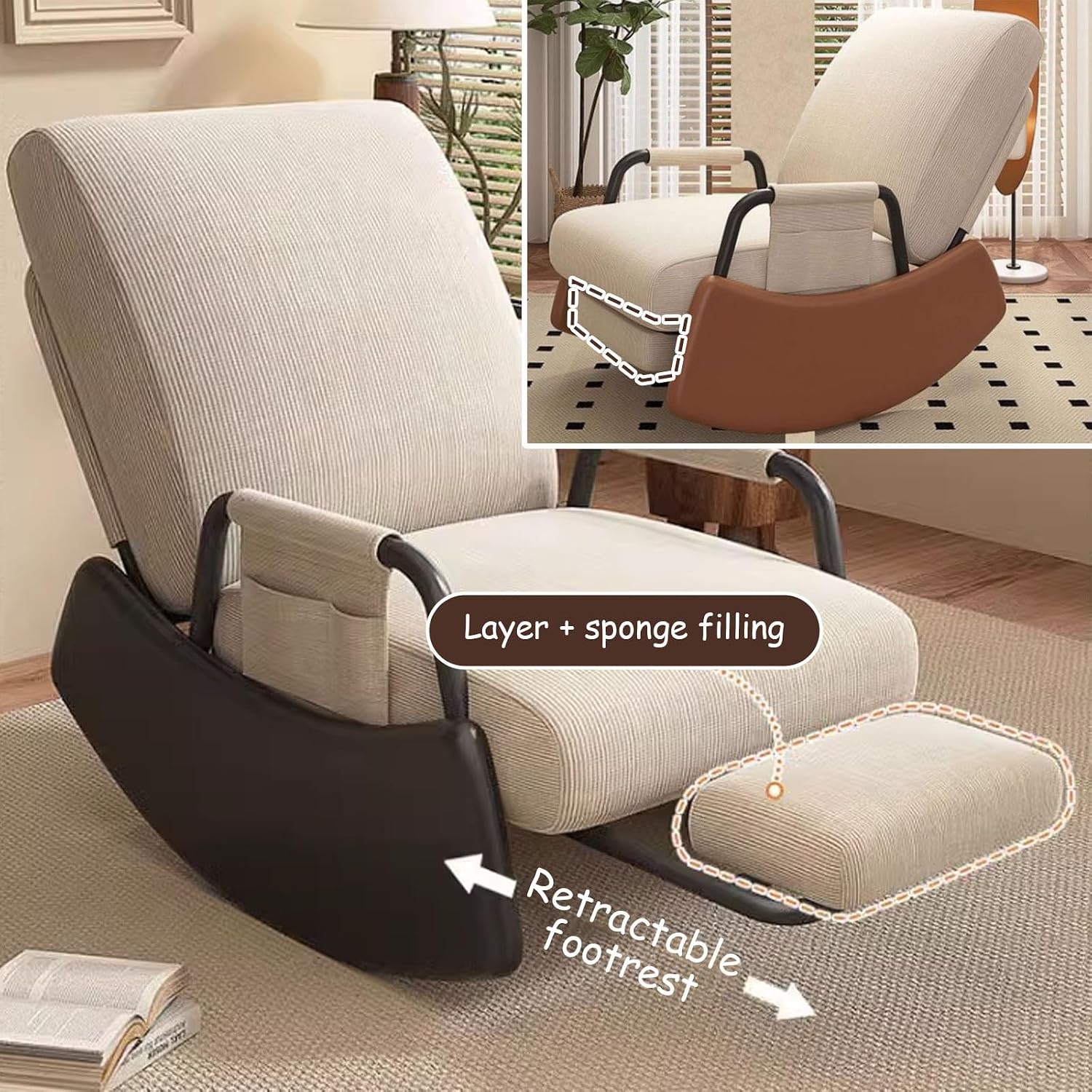 Rocking Chair with Side Bags, Adjustable Backrest Recliner Armchairs, Wide Accent Chair with Retractable Pedals, for Offices, Cafes, Reception Rooms