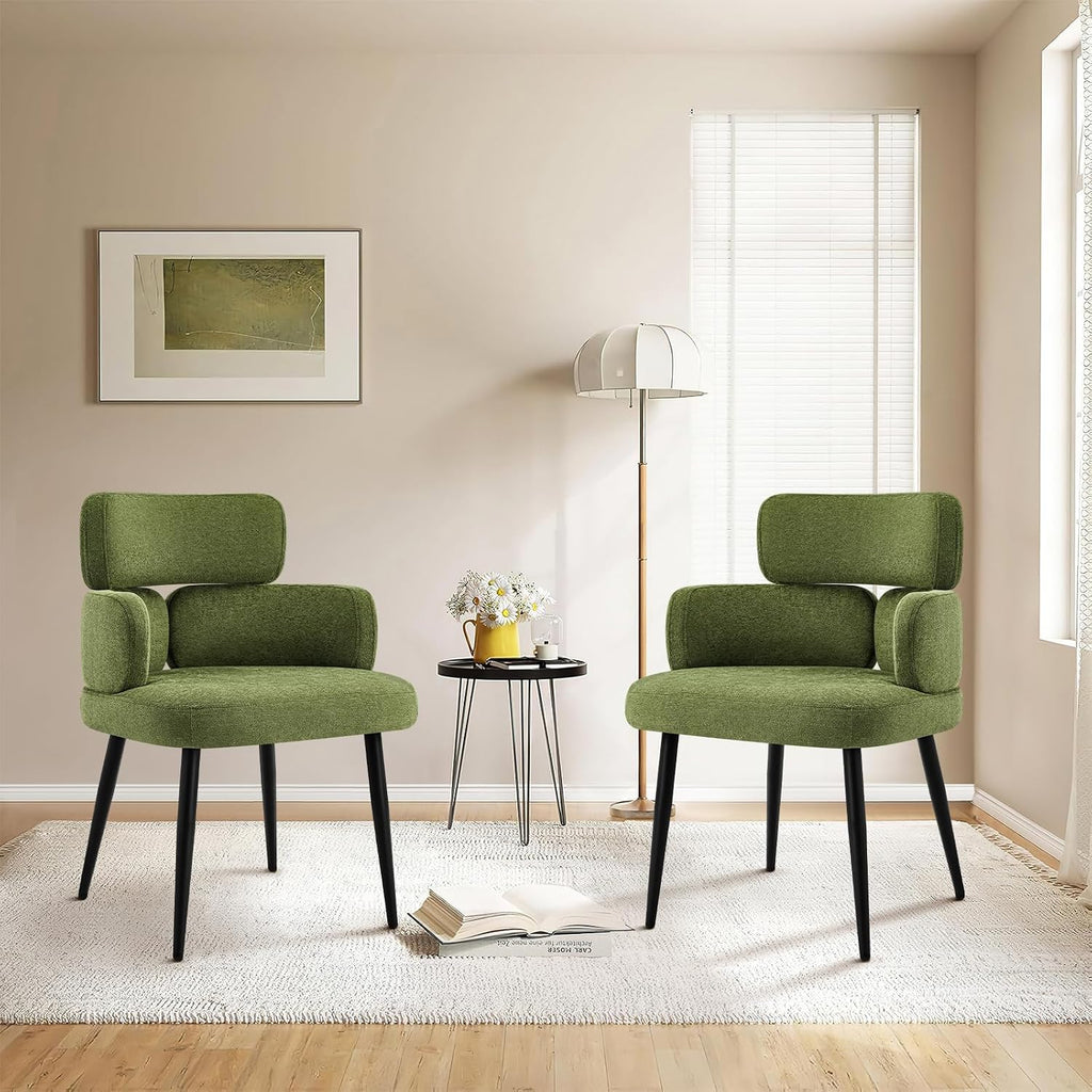 Accent Dining Chair with Arms,Set of 2 Modern Upholstered Desk Chair with Soft Fabric Black Metal Legs, Comfy Spacious Seat & Back for Dining Room/Living Room/Bedroom, Green