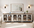 WAMAPT 101" Farmhouse Sideboard Credenza with 6 Glass Doors, Large Coffee Bar Table with Adjustable Shelf, Wood Kitchen Storage Cabinets, Modern Buffet Cabinet for Dining Room, Rustic White