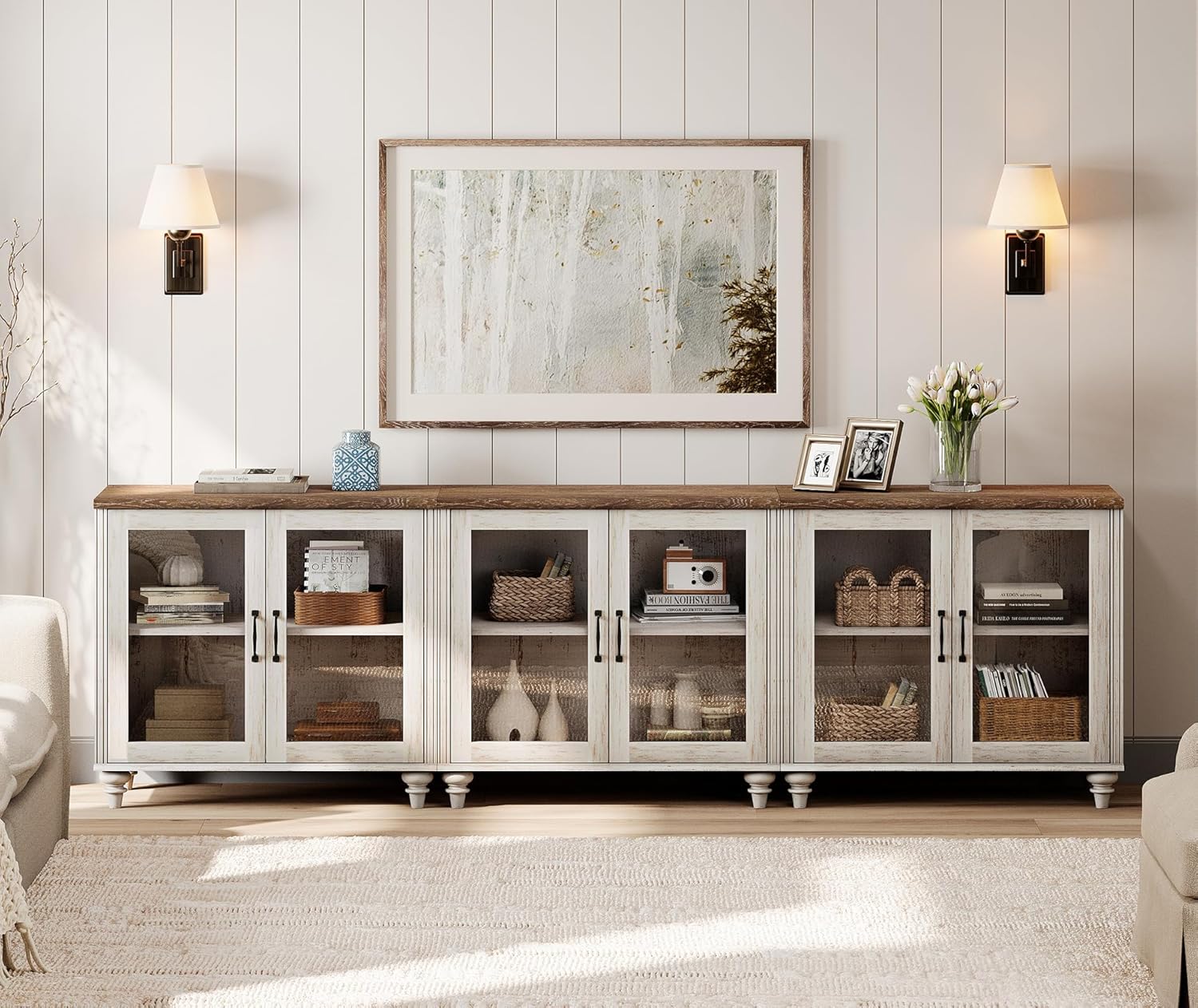 WAMAPT 101" Farmhouse Sideboard Credenza with 6 Glass Doors, Large Coffee Bar Table with Adjustable Shelf, Wood Kitchen Storage Cabinets, Modern Buffet Cabinet for Dining Room, Rustic White