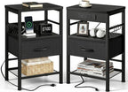 Lazzanto Nightstands Set of 2 with Charging Station, Black Night Stand | 1 Fabric Drawer, Open Shelf, Hooks, USB-C USB-A Port AC Outlets, Bedroom, Living Room, Dorm, 2-pack