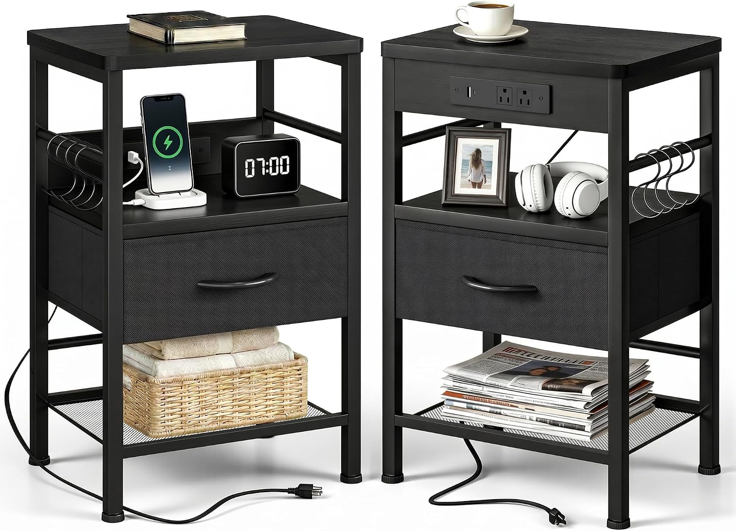 Lazzanto Nightstands Set of 2 with Charging Station, Black Night Stand | 1 Fabric Drawer, Open Shelf, Hooks, USB-C USB-A Port AC Outlets, Bedroom, Living Room, Dorm, 2-pack