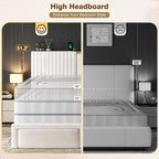 Homkdom King Bed Frame,51.3" Tall Velvet Storage Headboard,2 Drawers,Beige