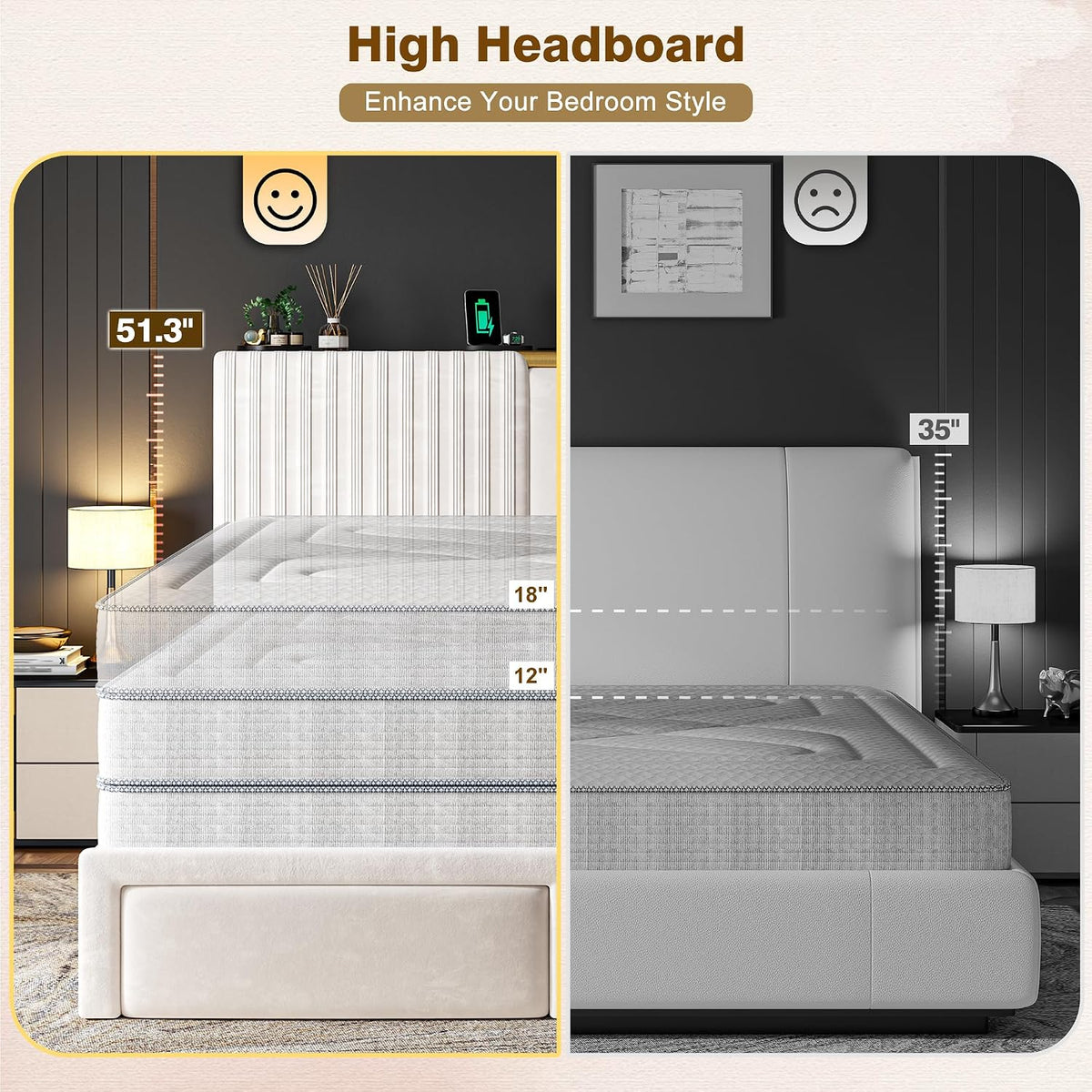 Homkdom King Bed Frame,51.3" Tall Velvet Storage Headboard,2 Drawers,Beige