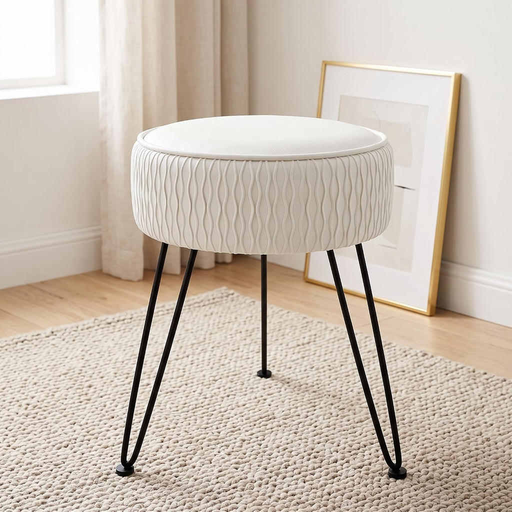 Velvet Vanity Stool Footrests, Round Ottoman Vanity Chairs with Anti-Slip Feet, Dressing Table Seat Foot Stool with Black Legs, Furry Padded Seat Side Table for Makeup Bedroom, White