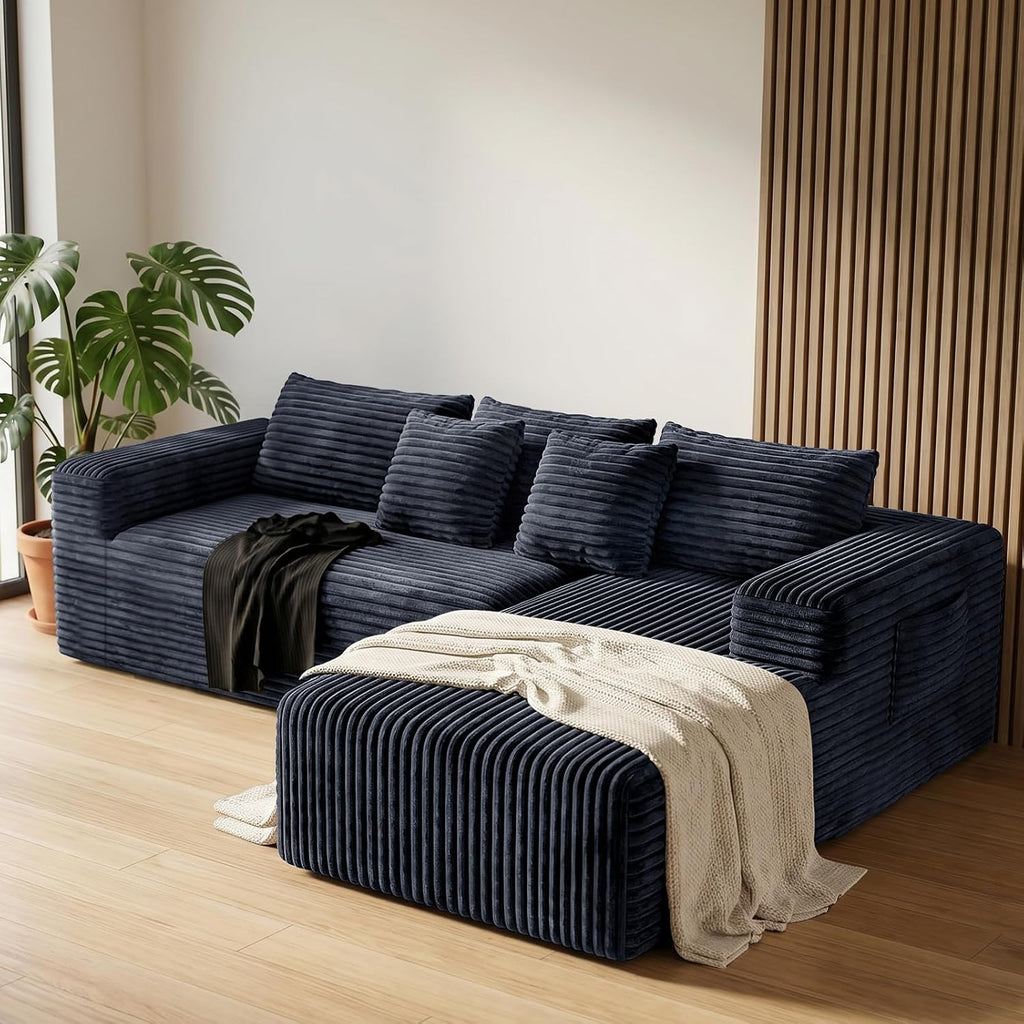 Couch ≈105" L-Shaped Sofa, Modular Sofa in Living Room Comfy Corduroy Fluffy Couch with Deep Seat and Side Pockets, Flexible Module Combination for Living Room (Black, 105IN)