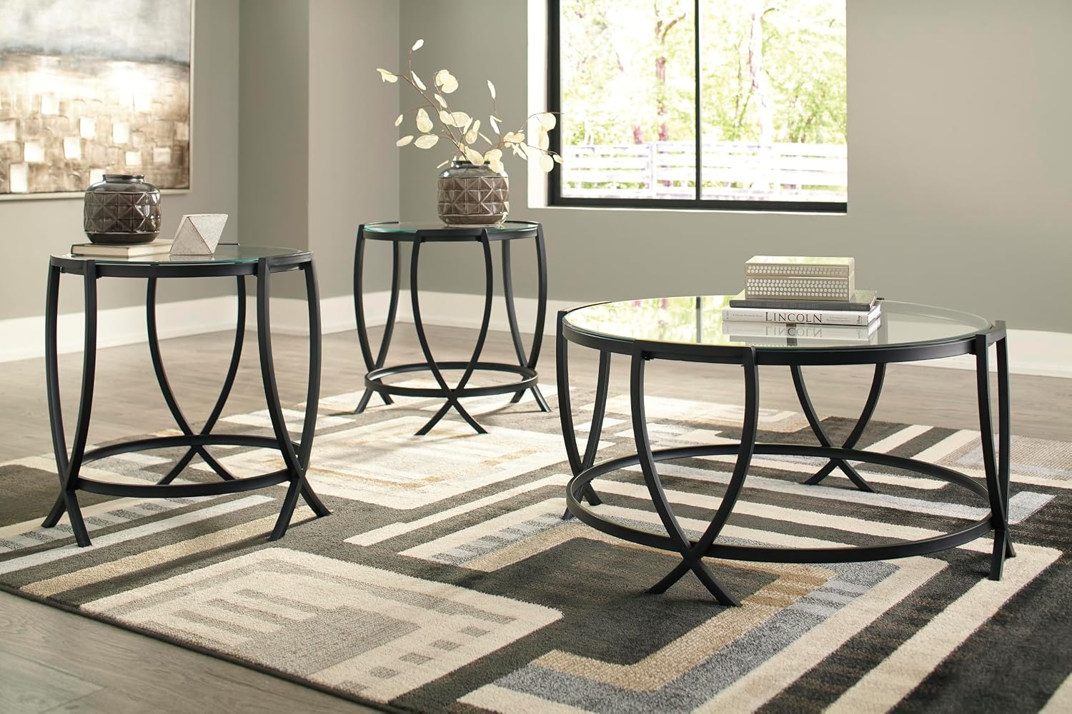 GTU Furniture Contemporary Glass Round 3-Piece Coffee Table Set, Cocktail Table with 2 Matching End Tables, Black Finish for Living Room