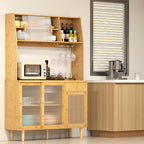 LOKO 69” Tall Bamboo Pantry Cabinet with Hutch, Kitchen Buffet Sideboard with Tempered Glass & PE Rattan Doors, Microwave Shelf, Glass Holder, Floor Cupboard Wine Bar Cabinet, Natural