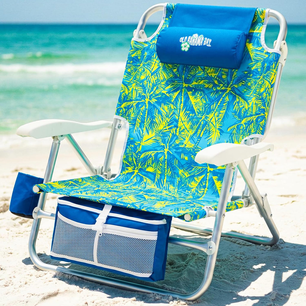 Old Bahama Bay Beach Chairs for Adults, 7-Position Classic Lay Flat Beach Chair Reclining Beach Chair, Portable Aluminum Backpack Beach Chair with Towel Bar & Cooler Bag