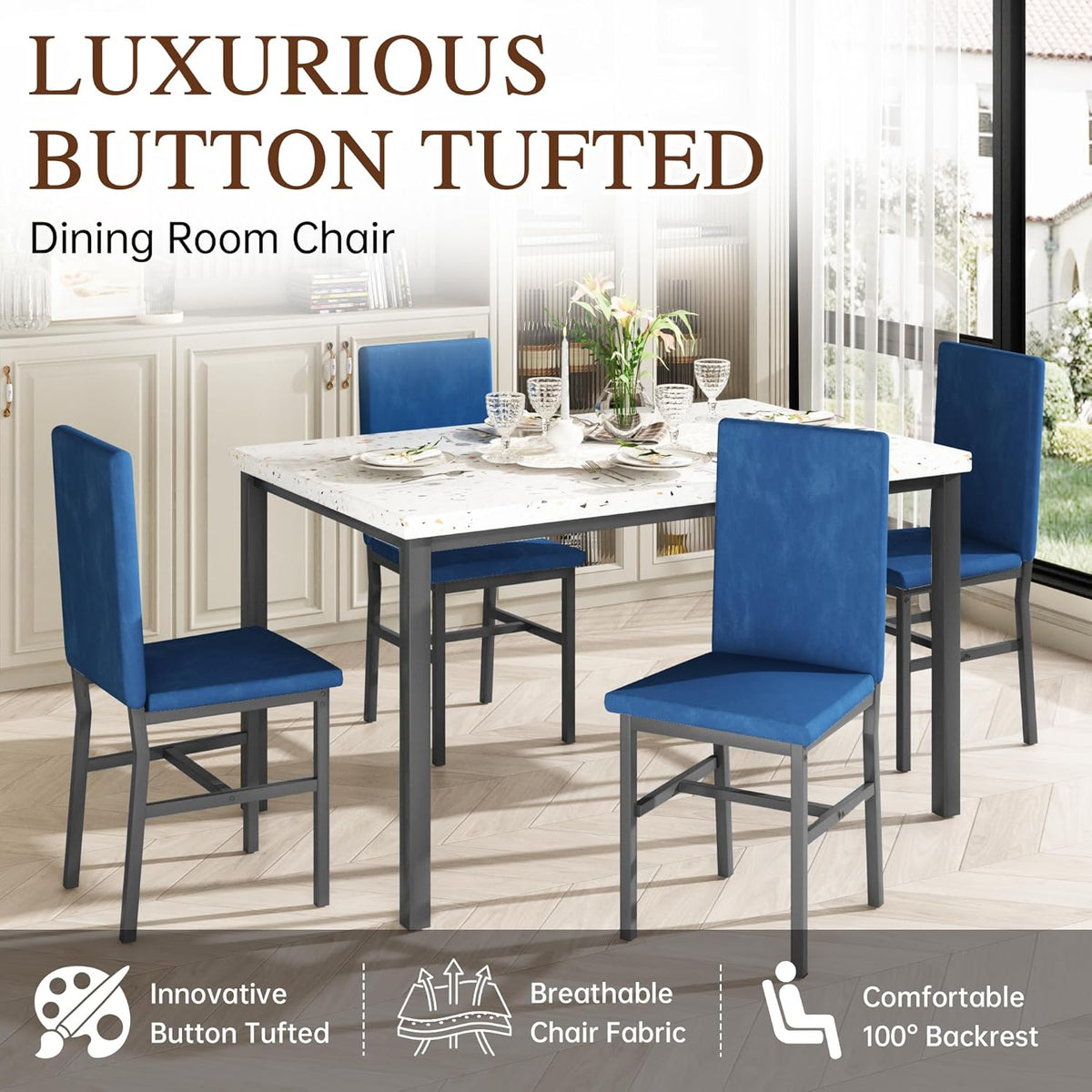 AWQM Dining Table Set for 4, Modern Faux Marble Dining Table Set with 4 Upholstered Velvet Chairs, Dining Room Table Set for Kitchen, Breakfast Nook, Dining Room, Blue
