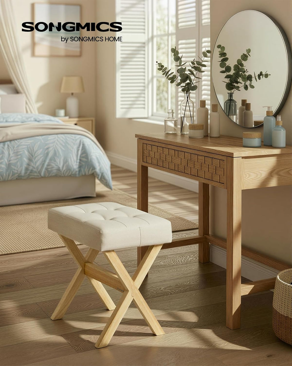 SONGMICS Makeup Stool, Padded Vanity Foot Rest, Solid Wood X Legs | 16.5 x 12.6 x 18.1 Inches, for Bedroom, Closet, Entryway, Summer Sand, MARY Collection ULSF006LF02