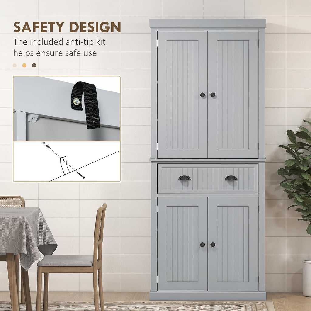 HOMCOM 72" Kitchen Pantry Cabinet Freestanding Tall Storage Cabinet Gray | Traditional Kitchen Pantry, 4 Doors, Drawer, 3 Adjustable Shelves, for Dining Room