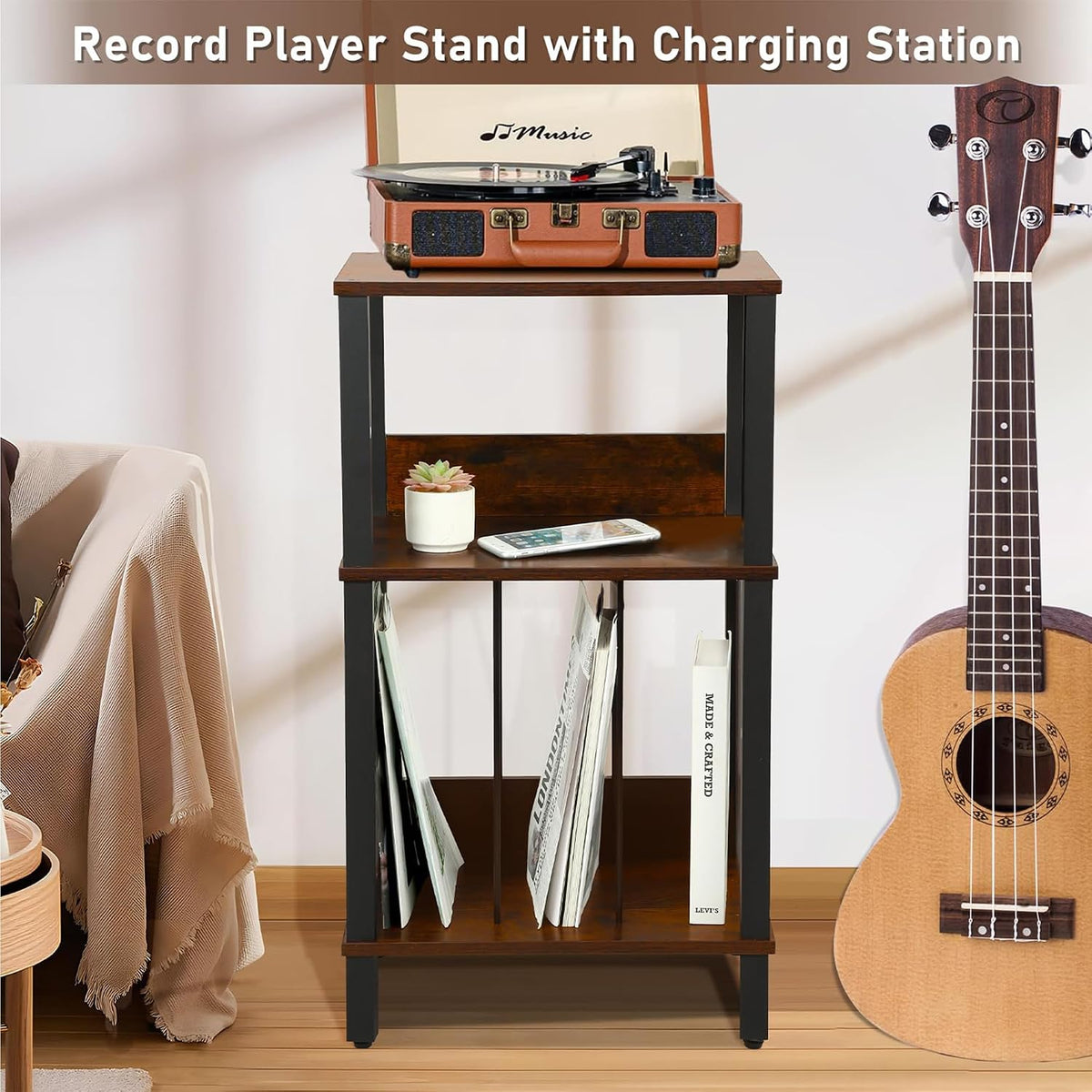 DGSANDGO Mid-Century Now Playing Vinyl Record Stand, Record Player Stand, End Table with Charging Station, 3 Tier Rustic Brown w/Guard Rails, Holds 100 Vinyl Albums, for Living Room Bedroom Office