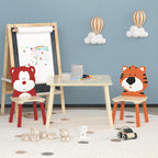 Kids Table & 2 Chairs Set Bear Tiger Wooden 3-Piece Toddler Set