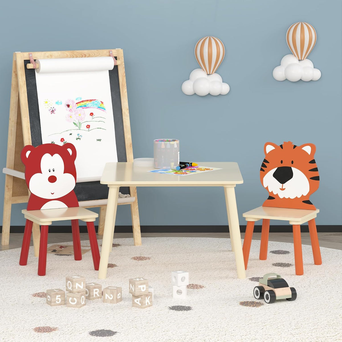 Kids Table & 2 Chairs Set Bear Tiger Wooden 3-Piece Toddler Set