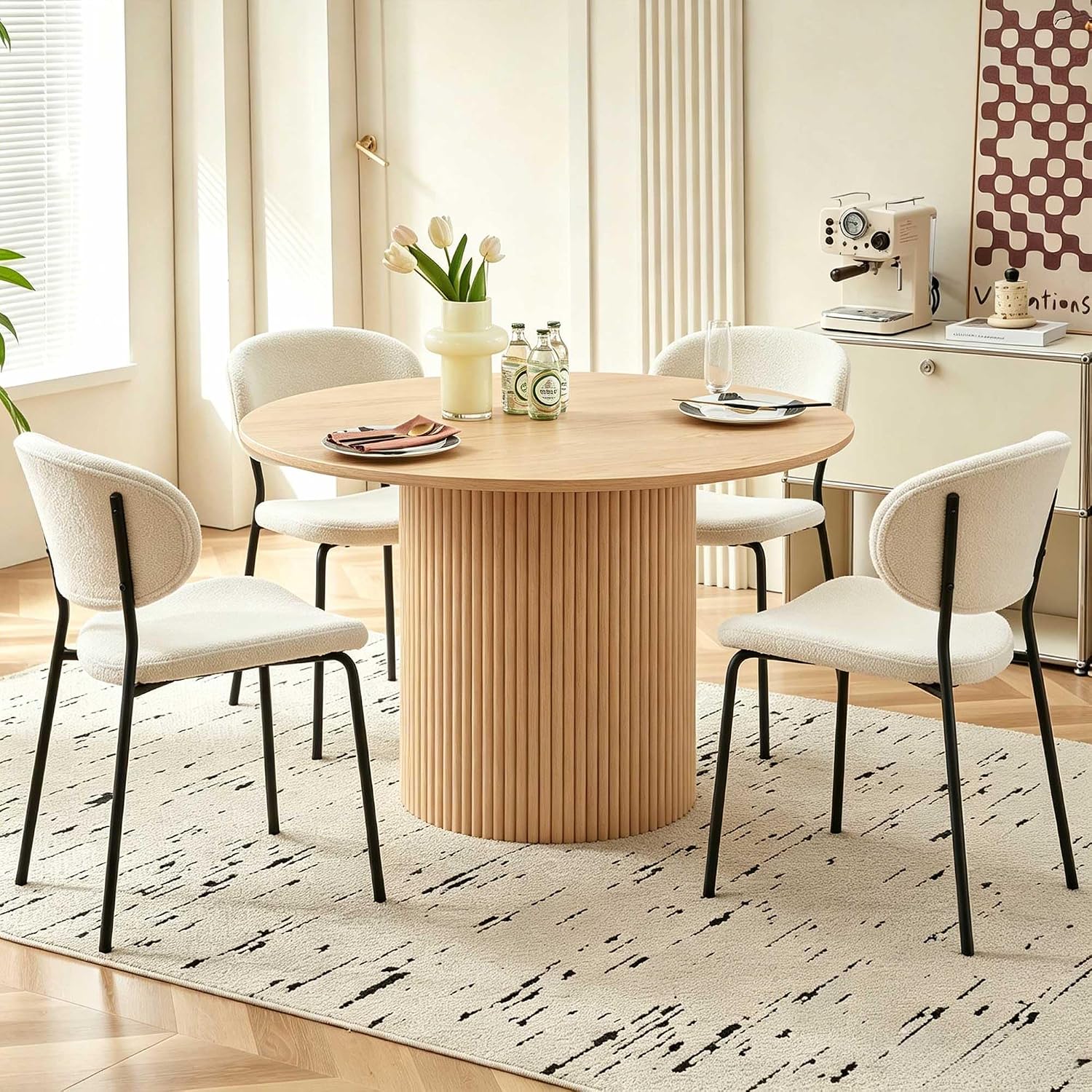 Homedot Modern Round Dining Table Set for 4 with Chairs, 47.24" Oak Wooden Kitchen Table with 4 Seated Dining Room Chairs, 5-Piece Kitchen Dining Table Chairs Set for Apartment,Living Room