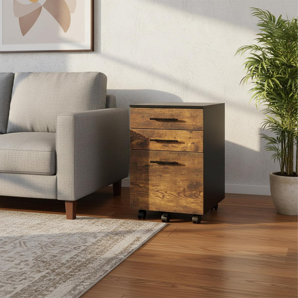 Relaxdays Roll Container with 3 Drawers, Hanging File, Castors, 57.5x40x40 cm, Black/Brown Filing Cabinet