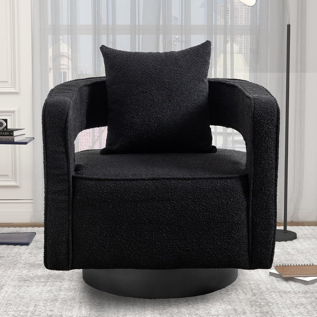 Swivel Accent Chair, Modern Swivel Barrel Chair for Living Room, 360 Degree Comfy Square Accent Chair with Open Back, Upholstered Armchair for Bedroom,Reading, Boucle, Black