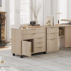 Fluted File Cabinet with 5 Drawers, Large Storage with Cabinet Door, Mobile Filing Cabinet with Locable Wheels for Home Office, Light Oak