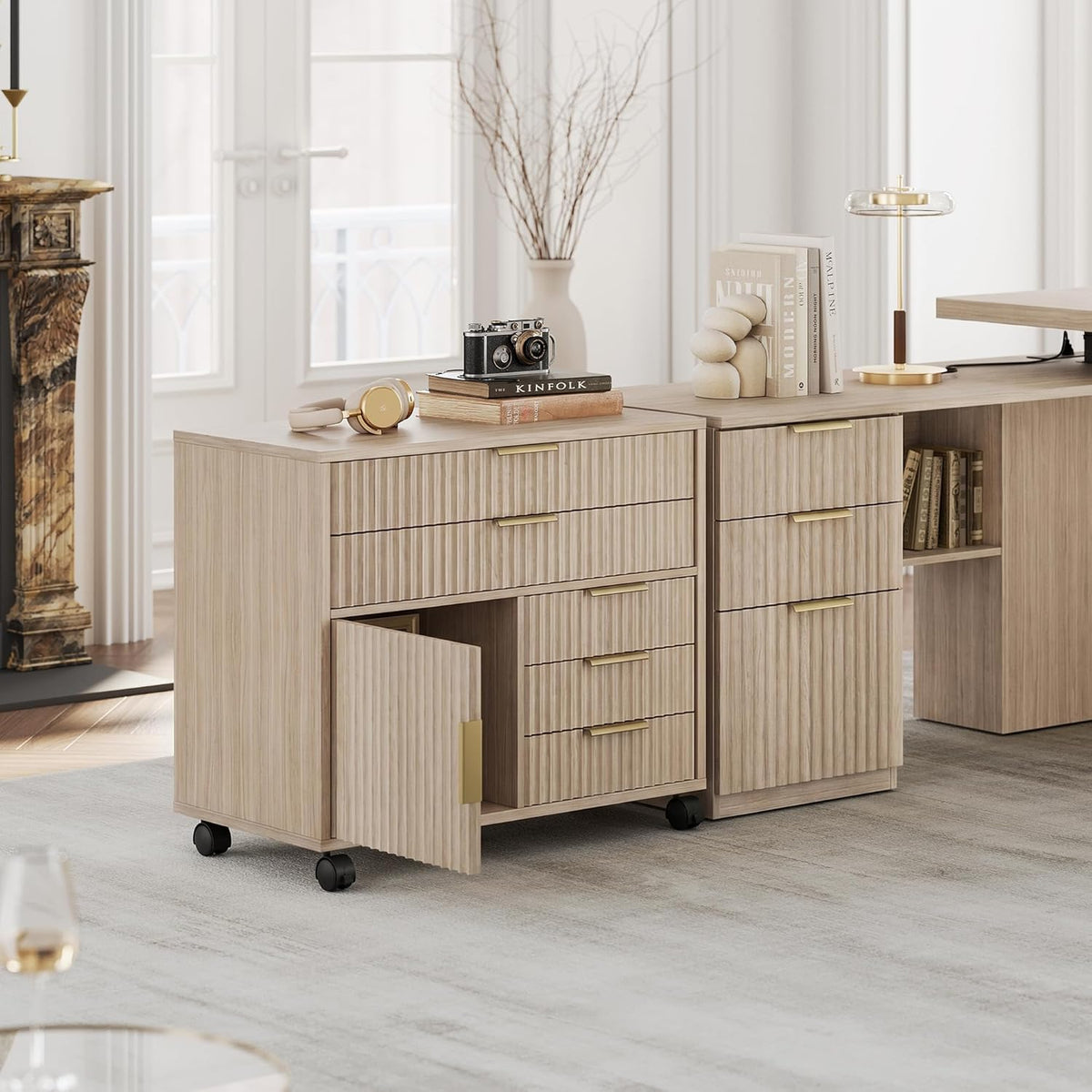 Fluted File Cabinet with 5 Drawers, Large Storage with Cabinet Door, Mobile Filing Cabinet with Locable Wheels for Home Office, Light Oak