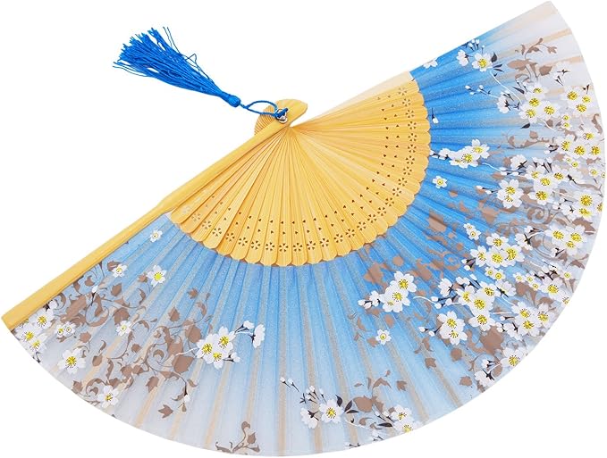 Amajiji 8.27"(21cm) Hand Held Bamboo Silk Folding Fan Hand Fan,Chinese/Japanese Charming Elegant Vintage Retro Style,Women Ladys Girls Best Gifts (SkyBlue)