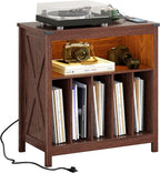 ChooChoo Large Record Player Stand with Charging Station & LED Light, Vinyl Record Holder hold up to 300 Albums, Farmhouse End Table for Bedroom, Living Room, Walnut