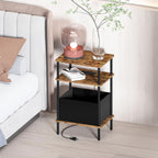 End Table with Charging Station & Outlet, Small Narrow Side Table for Bedroom, 25" H Bedside Table with USB Ports, 3-Tier Slim Nightstand, Rustic Brown