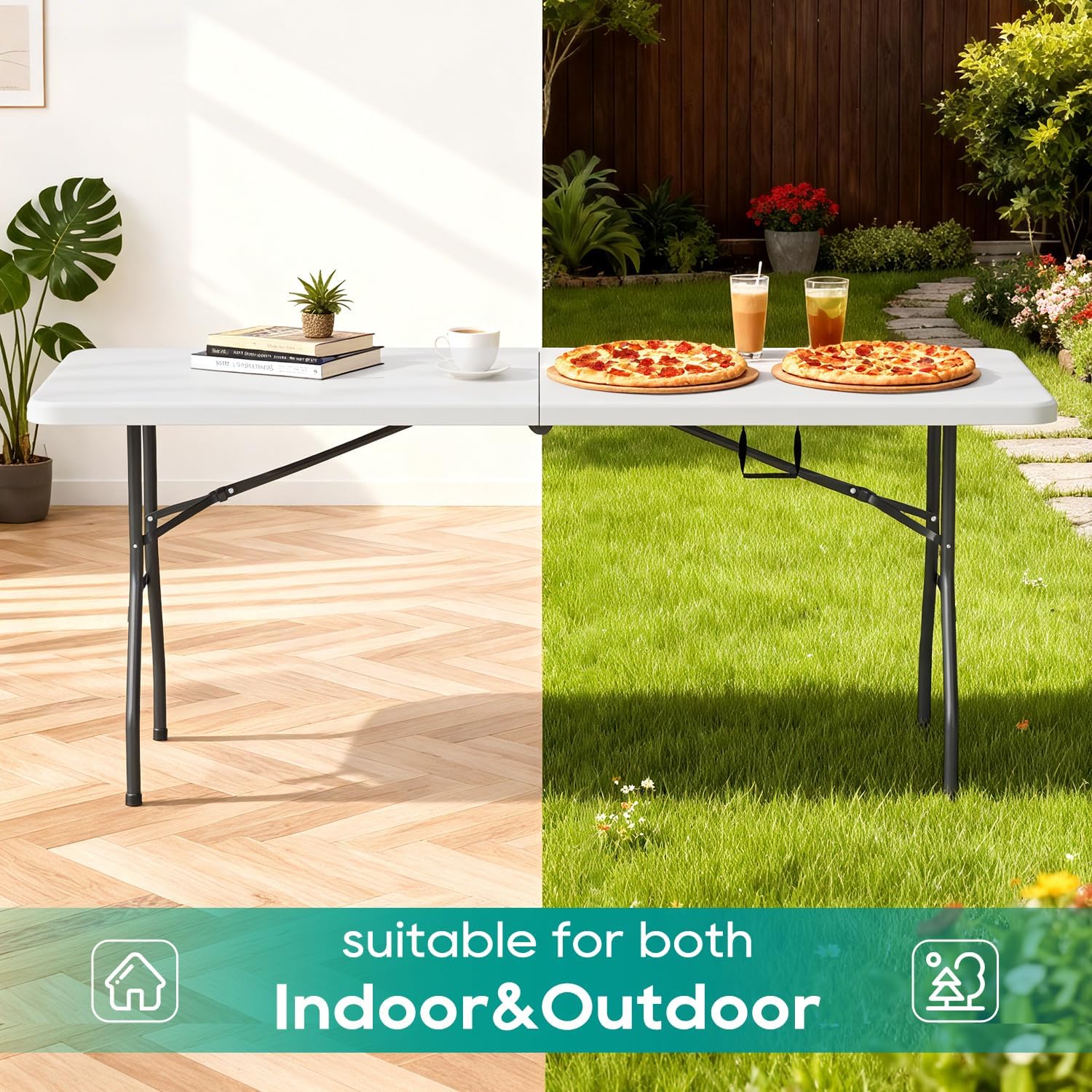FDW | 6FT Folding Table | White | Portable Plastic Table | with Carry Handle | Waterproof & Foldable Table Design | Steel Frame with Lock | for Events, Camping, Indoor & Outdoor Use