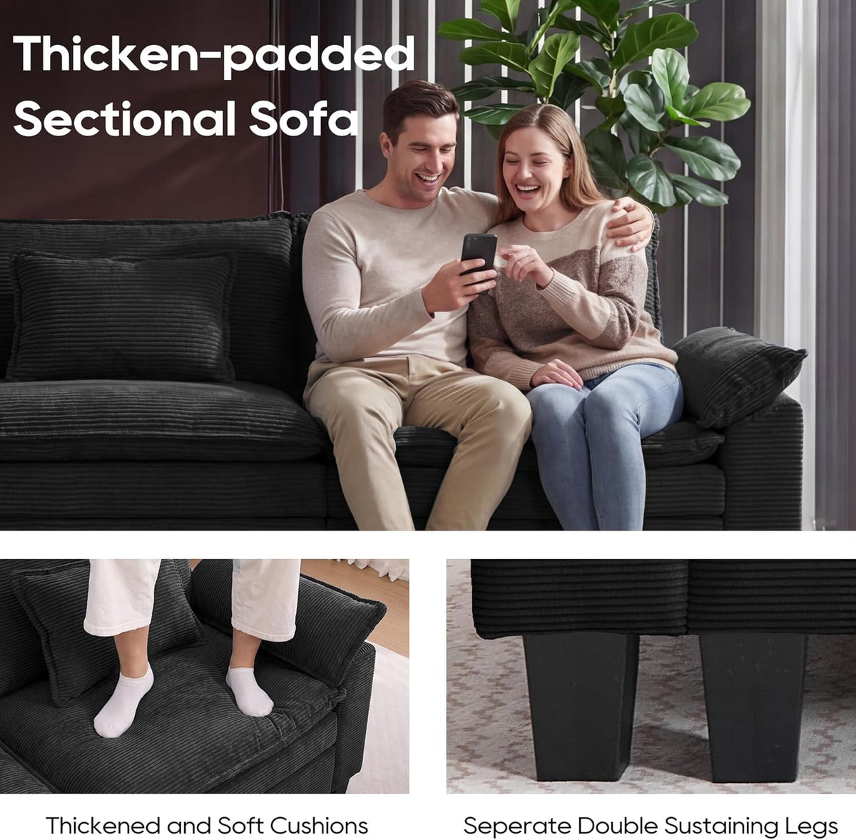 URRED Oversized Modular Sectional Sofa，Solid Black：122" U Shaped | Modern Comfy Cloud Couch with Movable Ottoman and Pillow, Deep Seat Couches for Living Room, Bedroom or Apartment