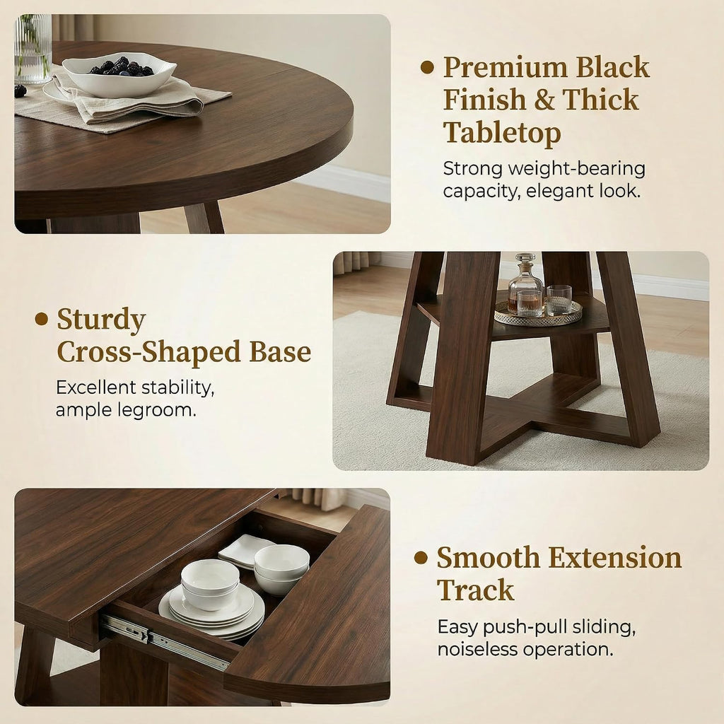 43.3-59" Extendable Round Dining Table, Modern Oval Kitchen Table with Removable Leaves, Wooden Base with Storage Shelf, Space Saving Dining Table for Kitchen Living Room Apartment Small Space, Walnut