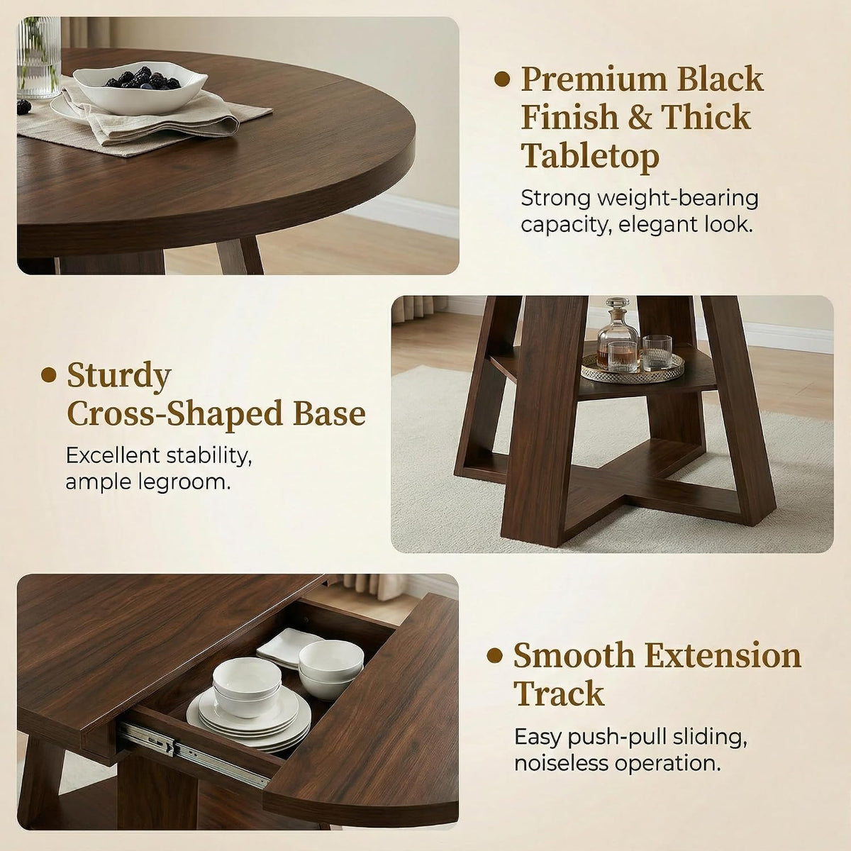 43.3-59" Extendable Round Dining Table, Modern Oval Kitchen Table with Removable Leaves, Wooden Base with Storage Shelf, Space Saving Dining Table for Kitchen Living Room Apartment Small Space, Walnut