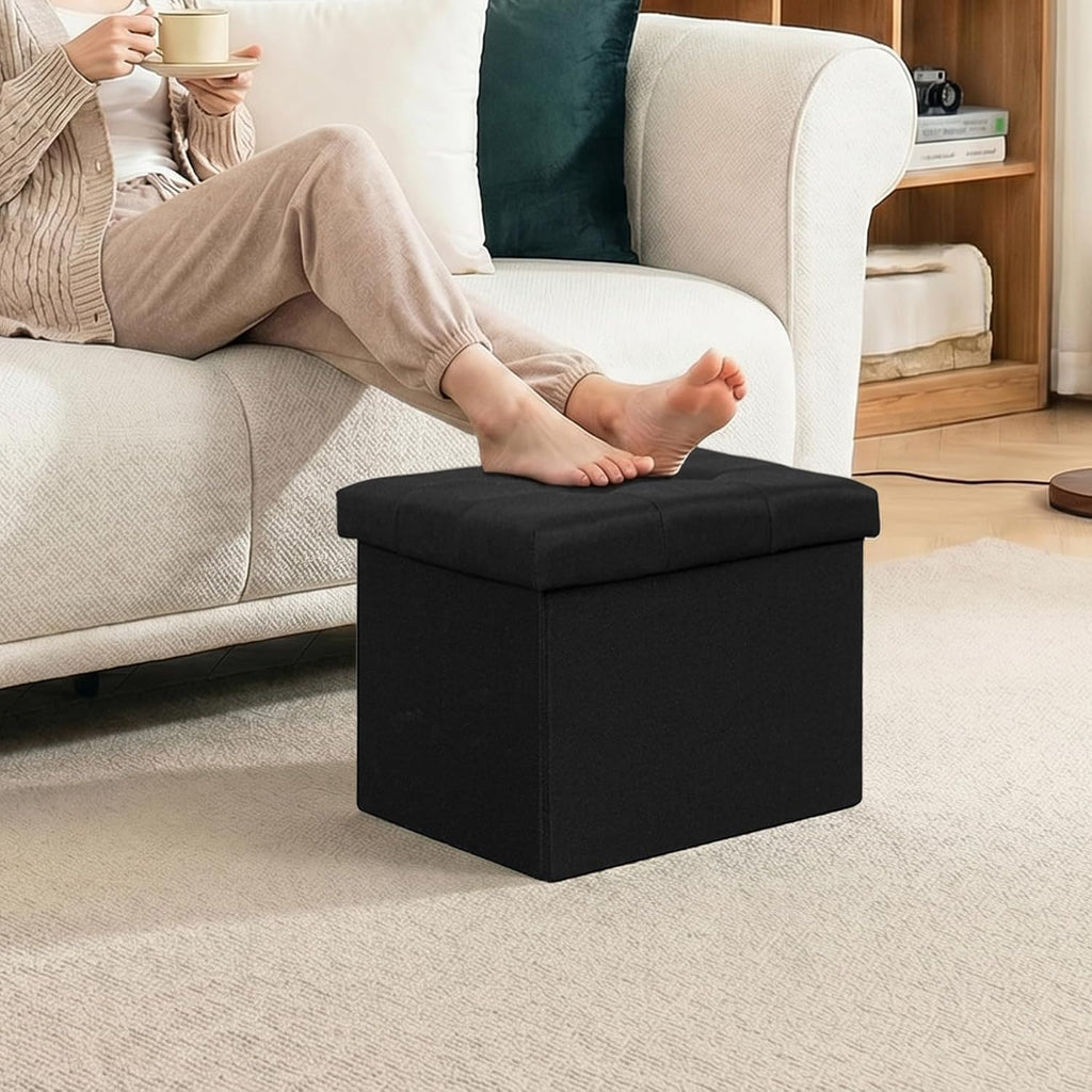Folding Storage Ottoman, 16.5" Rectangular Footstool with Padded Tufted Lid, Collapsible Storage Footrest for Small Space, Living Room, Bedroom, Dorm, Black