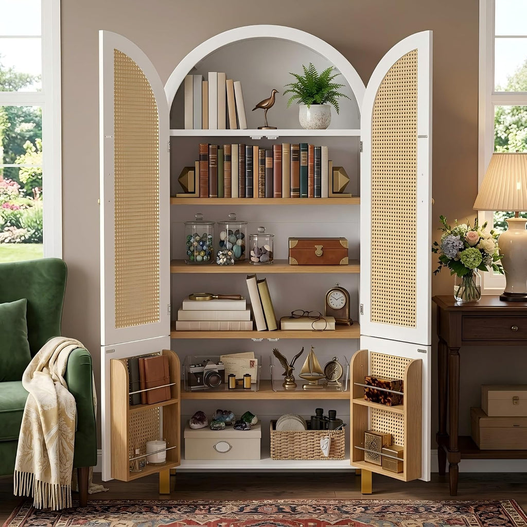 KEIKI 71" Tall Storage Cabinet with Arched Rattan Doors, Freestanding Floor Cabinet with Adjustable Shelves and Built-in Racks, Modern Farmhouse Organizer for Living Room, Kitchen, Study, White