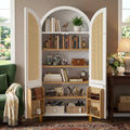 KEIKI 71" Tall Storage Cabinet with Arched Rattan Doors, Freestanding Floor Cabinet with Adjustable Shelves and Built-in Racks, Modern Farmhouse Organizer for Living Room, Kitchen, Study, White