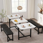 Garvee 63 in Extendable Dining Table Set for 4-6 People, 3-Piece Kitchen Table Set with 2 Upholstered Benches, Farmhouse Dining Room Table Set for Kitchen, Living Room, Apartment, Marble White