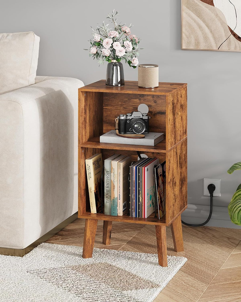 WLIVE Record Player Stand, Modern Nightstand with Storage, Small Space Bedside Table, End Table for Bedroom & Living Room, Mid Century Night Stand, Rustic Brown
