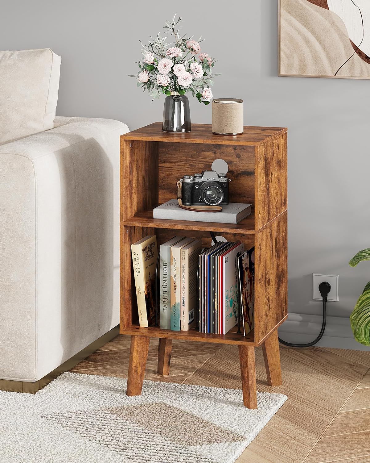 WLIVE Record Player Stand, Modern Nightstand with Storage, Small Space Bedside Table, End Table for Bedroom & Living Room, Mid Century Night Stand, Rustic Brown